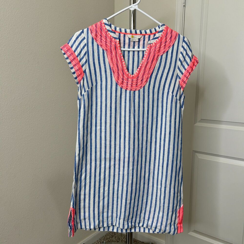 Boden Dress Womens 4P Blue White Stripe Linen Embroidered Tunic Shift Coastal